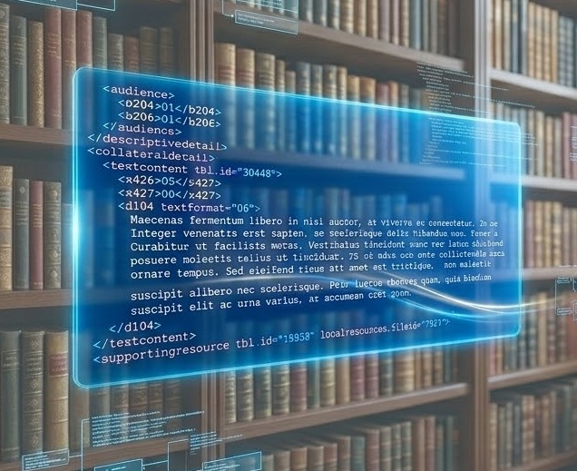 what-is-ONIX A glowing blue holographic screen displaying XML-style code and metadata overlaid on a background of out-of-focus bookshelves in a library.