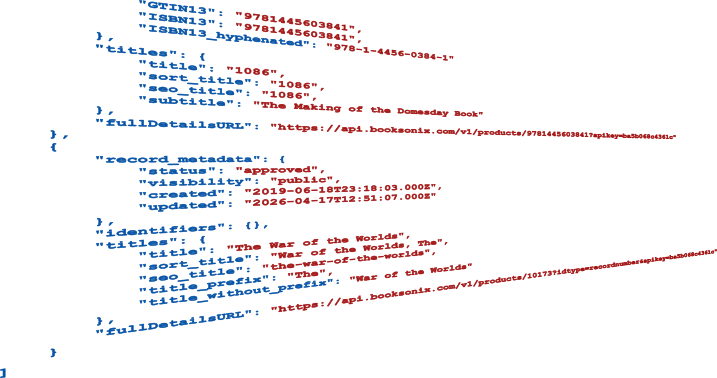 A snippet of JSON code displaying book metadata, including ISBNs, book titles, and API endpoint URLs.